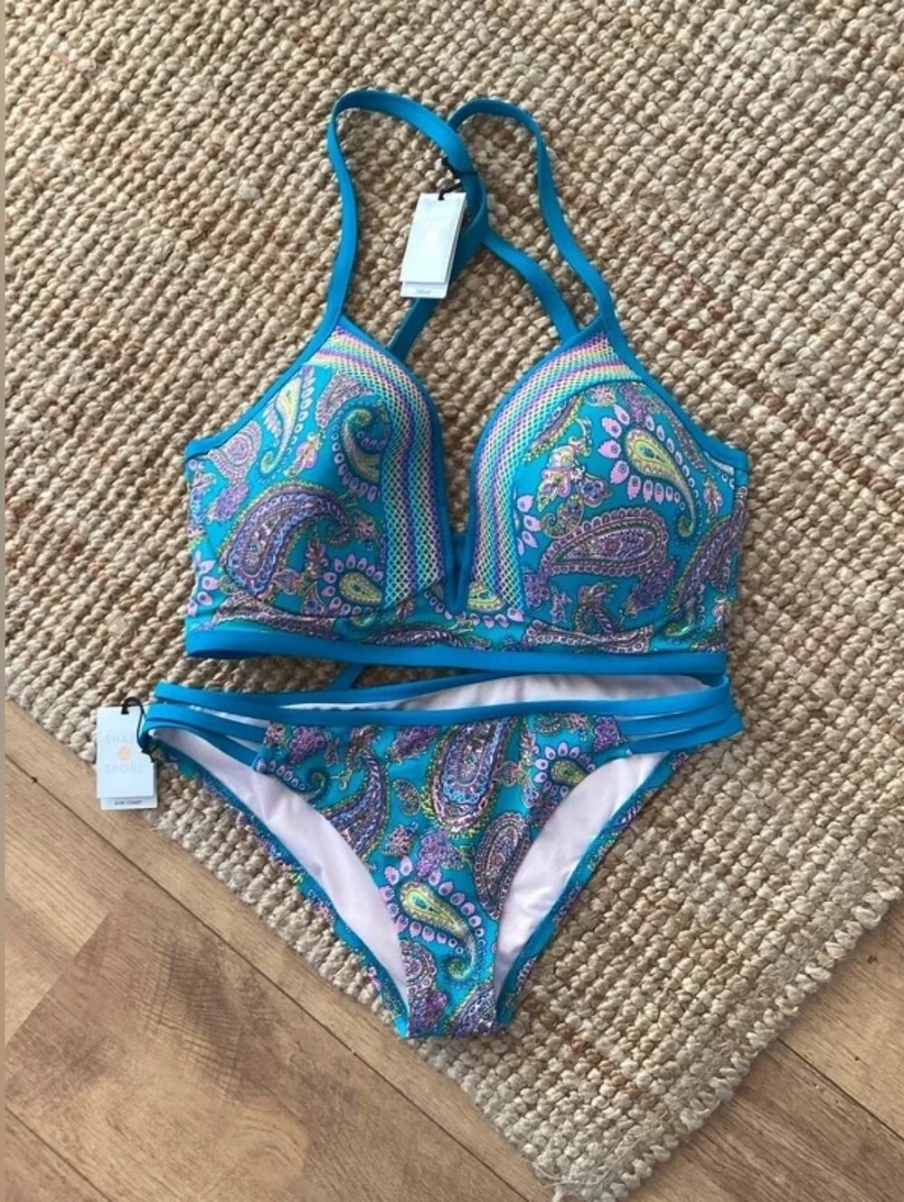 Shade & Shore Turquoise Paisley Strappy Bikini Set
